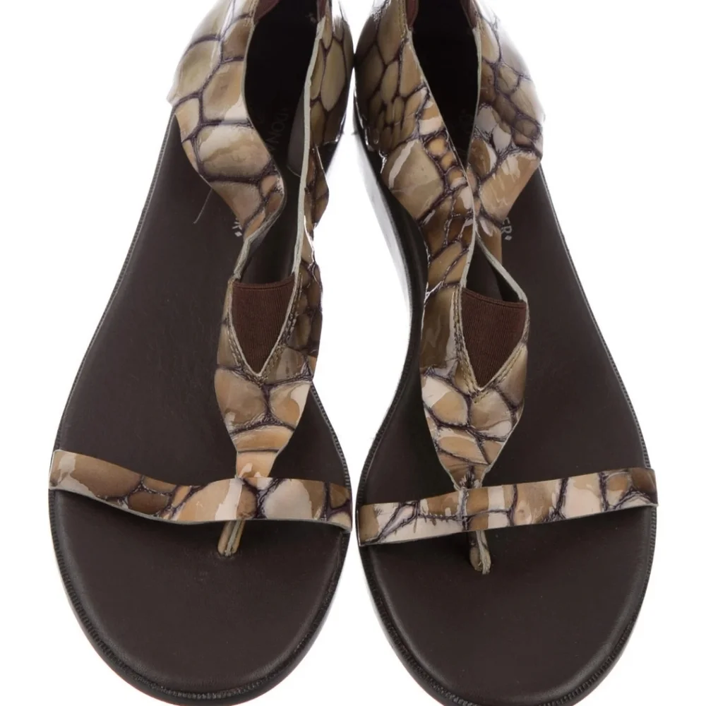 Donald J. Pliner Brown and Beige Snakeskin-Print Leather Thong Sandals